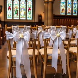 A beautiful decoration for chairs at a Catholic wedding