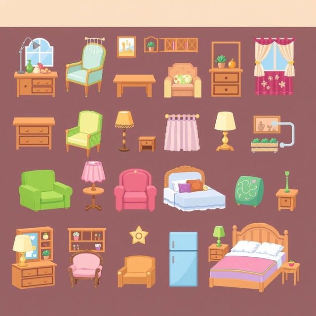 Create pixel art sprites of cute furniture items