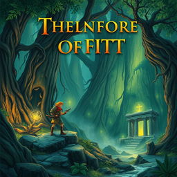 Create a captivating book cover featuring an adventurous scene with a hero exploring an ancient, mystical forest