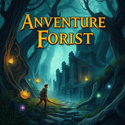 Create a captivating book cover featuring an adventurous scene with a hero exploring an ancient, mystical forest