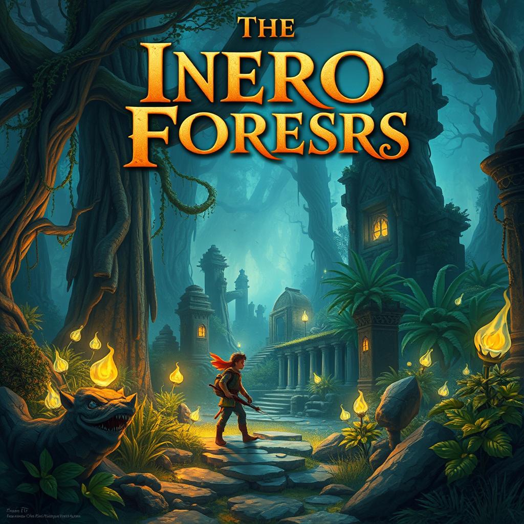 Create a captivating book cover featuring an adventurous scene with a hero exploring an ancient, mystical forest