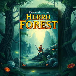 Create a captivating book cover featuring an adventurous scene with a hero exploring an ancient, mystical forest