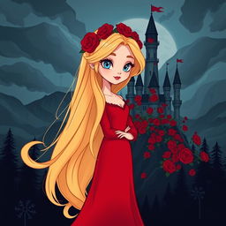 A young beautiful webtoon style cartoon woman with long flowing golden hair, pale blue eyes, and red lips, wearing a long red dress with a red rose wreath on her head