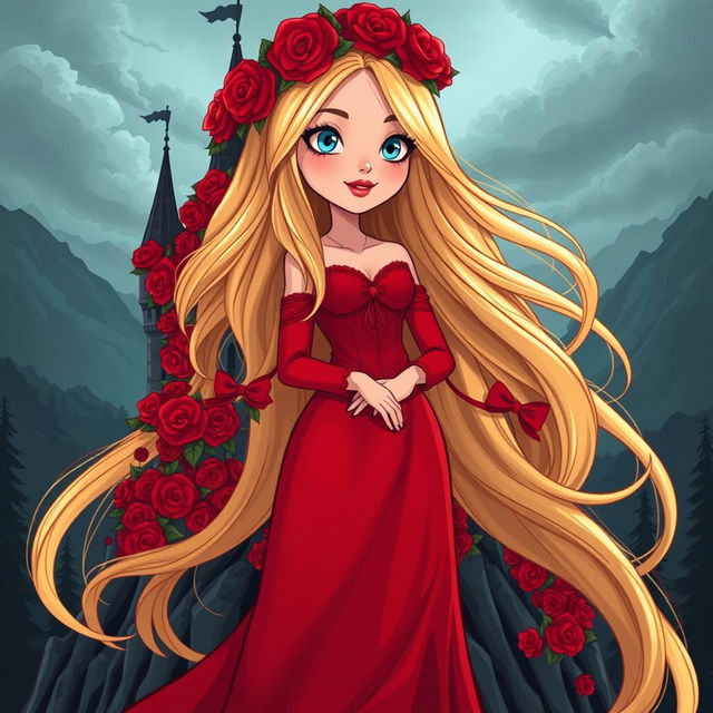 A young beautiful webtoon style cartoon woman with long flowing golden hair, pale blue eyes, and red lips, wearing a long red dress with a red rose wreath on her head