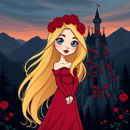 A young beautiful webtoon style cartoon woman with long flowing golden hair, pale blue eyes, and red lips, wearing a long red dress with a red rose wreath on her head