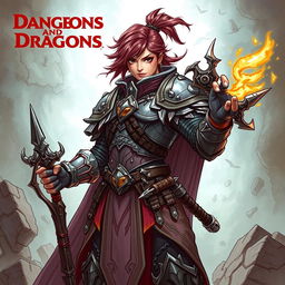 A detailed illustration of a Dungeons and Dragons character, featuring intricate armor, magical weapons, and a mystical background