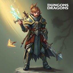 A detailed illustration of a Dungeons and Dragons character, featuring intricate armor, magical weapons, and a mystical background