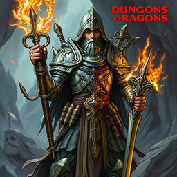 A detailed illustration of a Dungeons and Dragons character, featuring intricate armor, magical weapons, and a mystical background