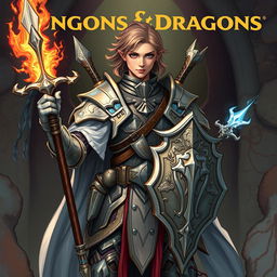 A detailed illustration of a Dungeons and Dragons character, featuring intricate armor, magical weapons, and a mystical background