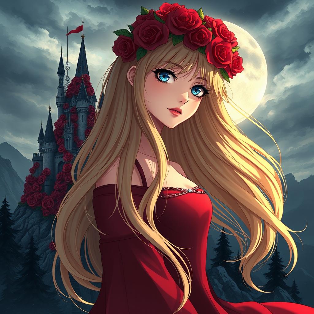 A young beautiful anime style woman with long flowing golden hair, pale blue eyes, and red lips, wearing a long red dress with a red rose wreath on her head