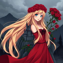 A young beautiful anime style woman with long flowing golden hair, pale blue eyes, and red lips, wearing a long red dress with a red rose wreath on her head