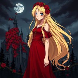 A young beautiful anime style woman with long flowing golden hair, pale blue eyes, and red lips, wearing a long red dress with a red rose wreath on her head