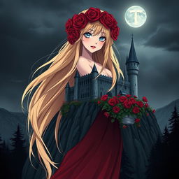 A young beautiful anime style woman with long flowing golden hair, pale blue eyes, and red lips, wearing a long red dress with a red rose wreath on her head