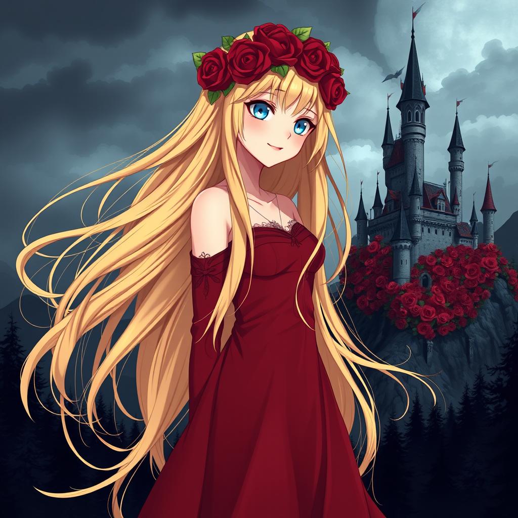 A young beautiful anime style woman with long flowing golden hair, pale blue eyes, and red lips, wearing a long red dress with a red rose wreath on her head