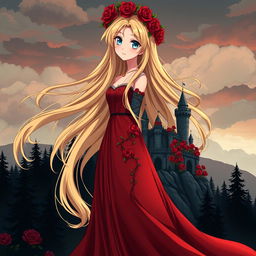 A young beautiful anime style woman with long flowing golden hair, pale blue eyes, and red lips, wearing a long red dress with a red rose wreath on her head