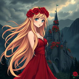 A young beautiful anime style woman with long flowing golden hair, pale blue eyes, and red lips, wearing a long red dress with a red rose wreath on her head