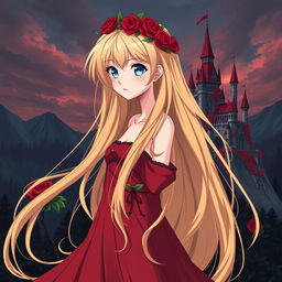 A young beautiful anime style woman with long flowing golden hair, pale blue eyes, and red lips, wearing a long red dress with a red rose wreath on her head