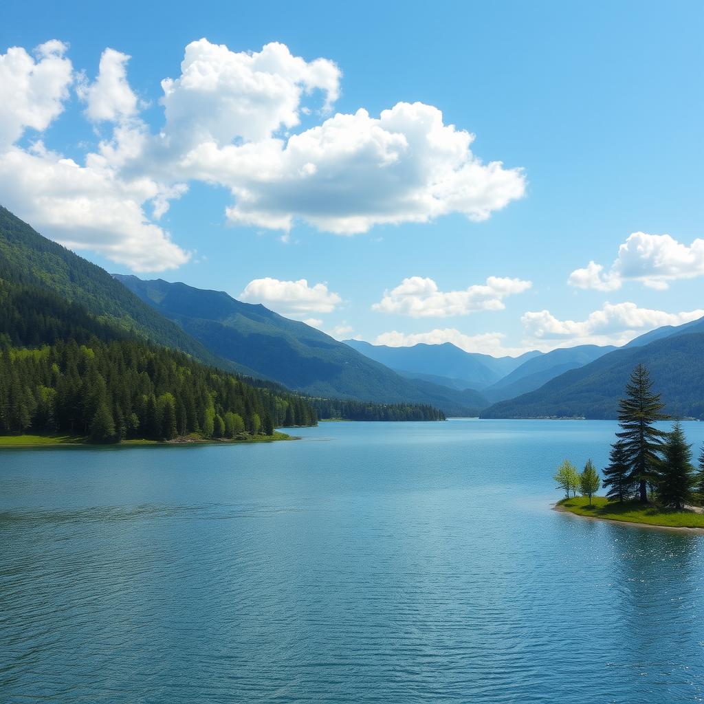 A beautiful landscape featuring a serene lake surrounded by lush green trees and mountains in the background under a clear blue sky with fluffy white clouds