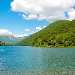 A beautiful landscape featuring a serene lake surrounded by lush green trees and mountains in the background under a clear blue sky with fluffy white clouds