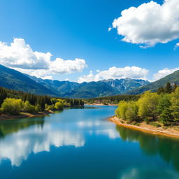 A beautiful landscape featuring a serene lake surrounded by lush green trees and mountains in the background under a clear blue sky with fluffy white clouds