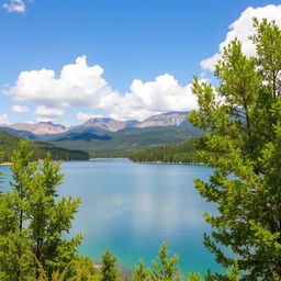 A beautiful landscape featuring a serene lake surrounded by lush green trees and mountains in the background under a clear blue sky with fluffy white clouds