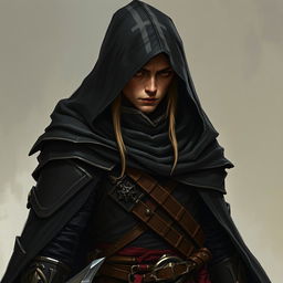 A half-elf assassin from Dungeons and Dragons, dressed in a black hooded cloak