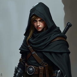 A half-elf assassin from Dungeons and Dragons, dressed in a black hooded cloak