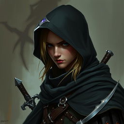 A half-elf assassin from Dungeons and Dragons, dressed in a black hooded cloak