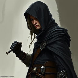 A half-elf assassin from Dungeons and Dragons, dressed in a black hooded cloak