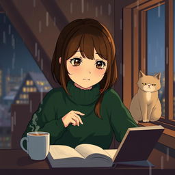 A Studio Ghibli style image of a lofi study girl with brown hair and a dark green turtleneck sweater