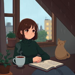 A Studio Ghibli style image of a lofi study girl with brown hair and a dark green turtleneck sweater