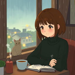 A Studio Ghibli style image of a lofi study girl with brown hair and a dark green turtleneck sweater