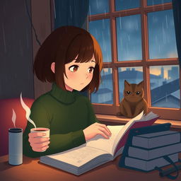 A Studio Ghibli style image of a lofi study girl with brown hair and a dark green turtleneck sweater