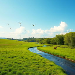 A beautiful and serene landscape featuring a lush green meadow, a calm river flowing through it, and a clear blue sky with a few fluffy white clouds