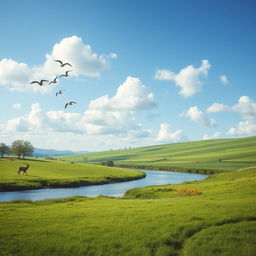 A beautiful and serene landscape featuring a lush green meadow, a calm river flowing through it, and a clear blue sky with a few fluffy white clouds