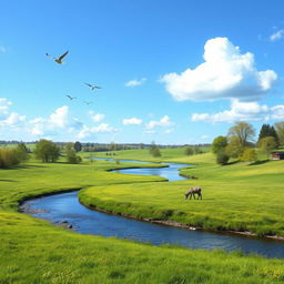 A beautiful and serene landscape featuring a lush green meadow, a calm river flowing through it, and a clear blue sky with a few fluffy white clouds