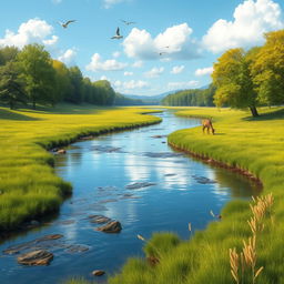 A beautiful and serene landscape featuring a lush green meadow, a calm river flowing through it, and a clear blue sky with a few fluffy white clouds