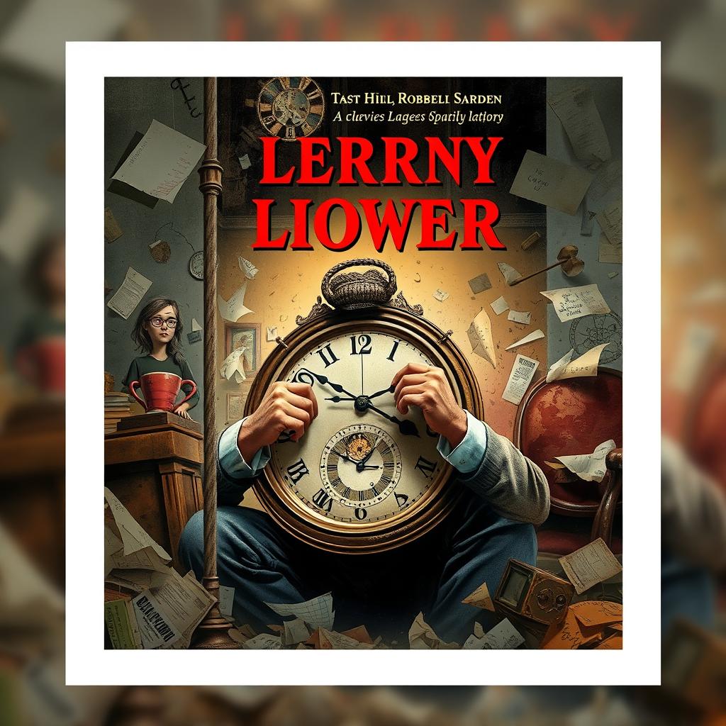 A book cover featuring a man fixing a clock amidst a chaotic background