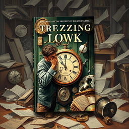 A book cover featuring a man fixing a clock amidst a chaotic background