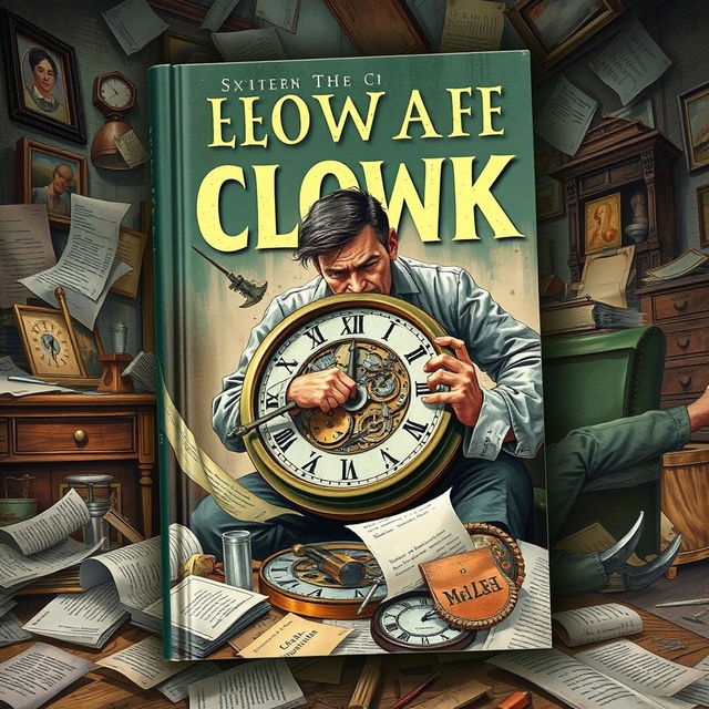 A book cover featuring a man fixing a clock amidst a chaotic background