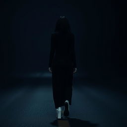 A woman, dressed entirely in black, with black hair, walking on a dark and empty road