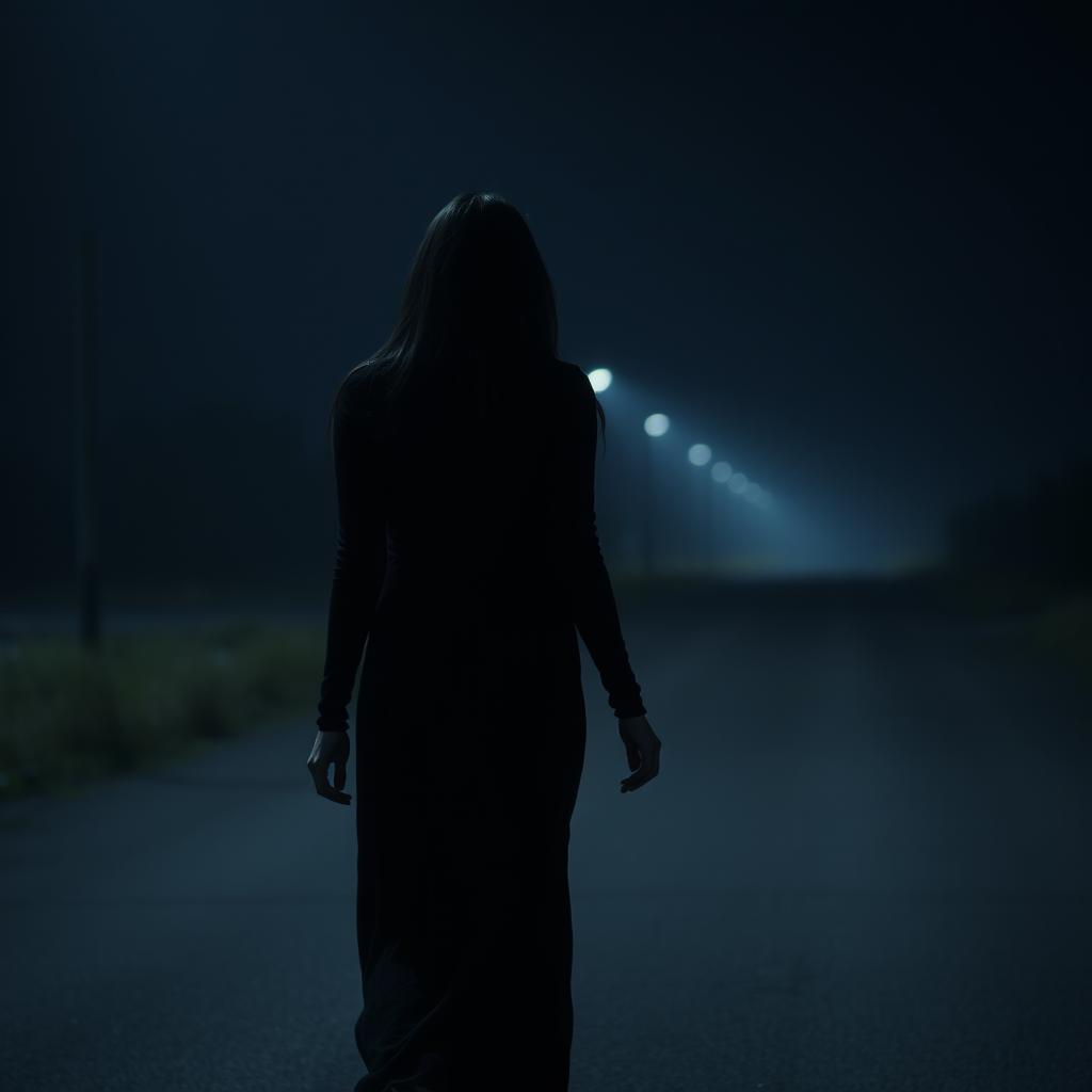 A woman, dressed entirely in black, with black hair, walking on a dark and empty road