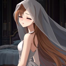 A slender young anime style woman with long flowing hazel hair, golden eyes, and bright red lips, wearing a foot-length white gown and pearls in her hair elegantly