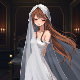 A slender young anime style woman with long flowing hazel hair, golden eyes, and bright red lips, wearing a foot-length white gown and pearls in her hair elegantly