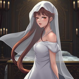 A slender young anime style woman with long flowing hazel hair, golden eyes, and bright red lips, wearing a foot-length white gown and pearls in her hair elegantly