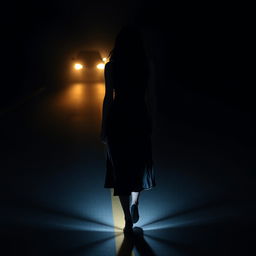 A woman, dressed entirely in black, with black hair, walking on a dark and empty road