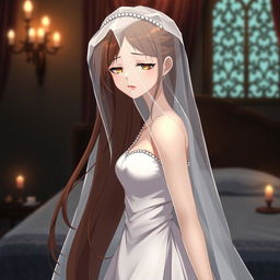 A slender young anime style woman with long flowing hazel hair, golden eyes, and bright red lips, wearing a foot-length white gown and pearls in her hair elegantly