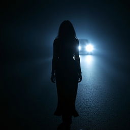 A woman, dressed entirely in black, with black hair, walking on a dark and empty road