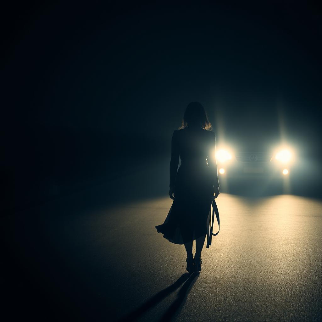 A woman, dressed entirely in black, with black hair, walking on a dark and empty road