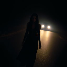 A woman, dressed entirely in black, with black hair, walking on a dark and empty road